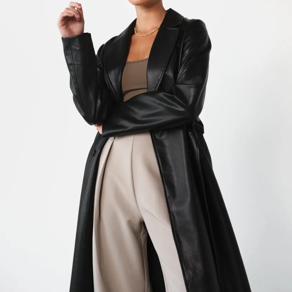 Charcoal Clothing Faux Leather Black Trench Coat